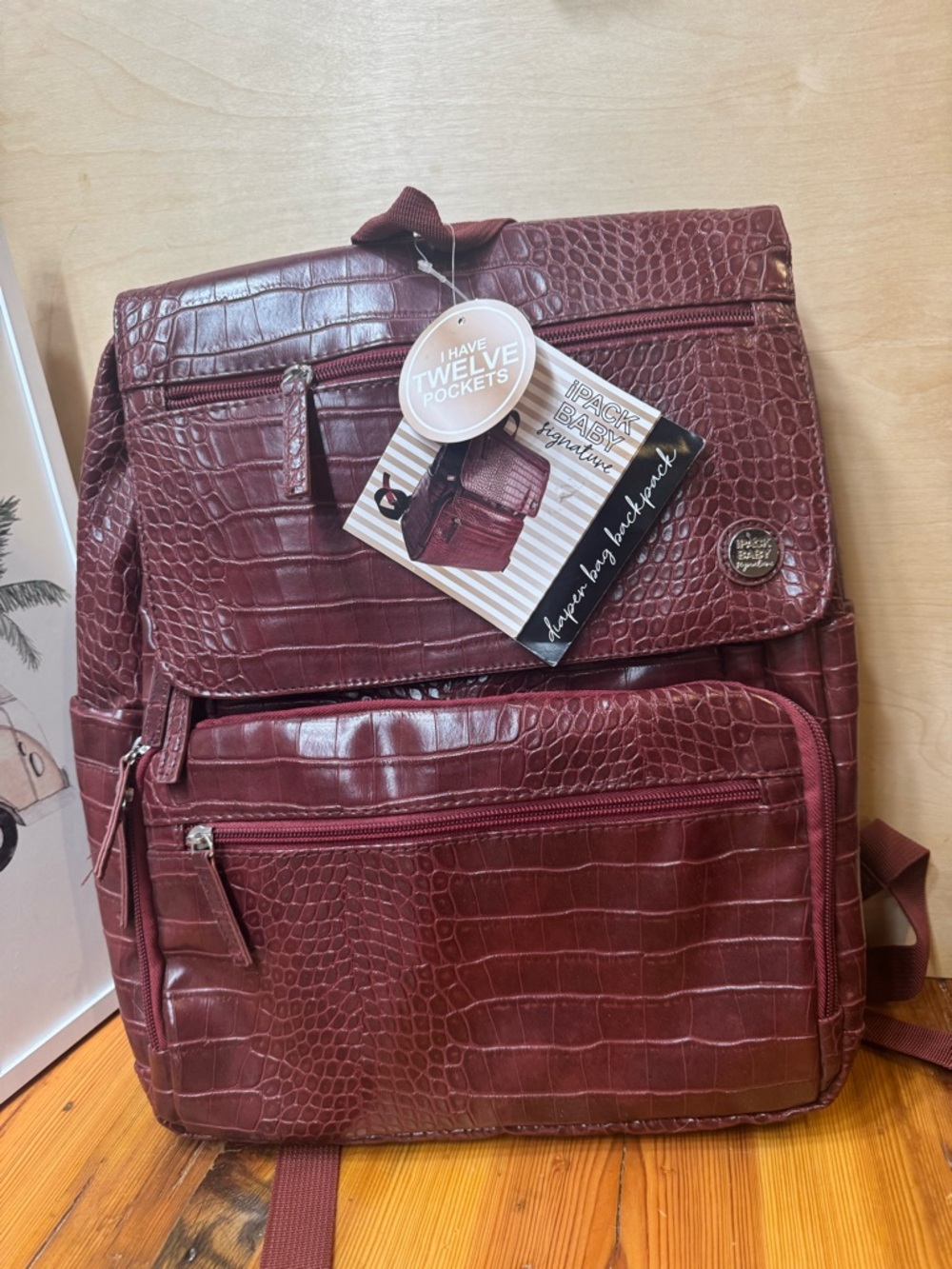Diaper bag backpack burgundy faux leather